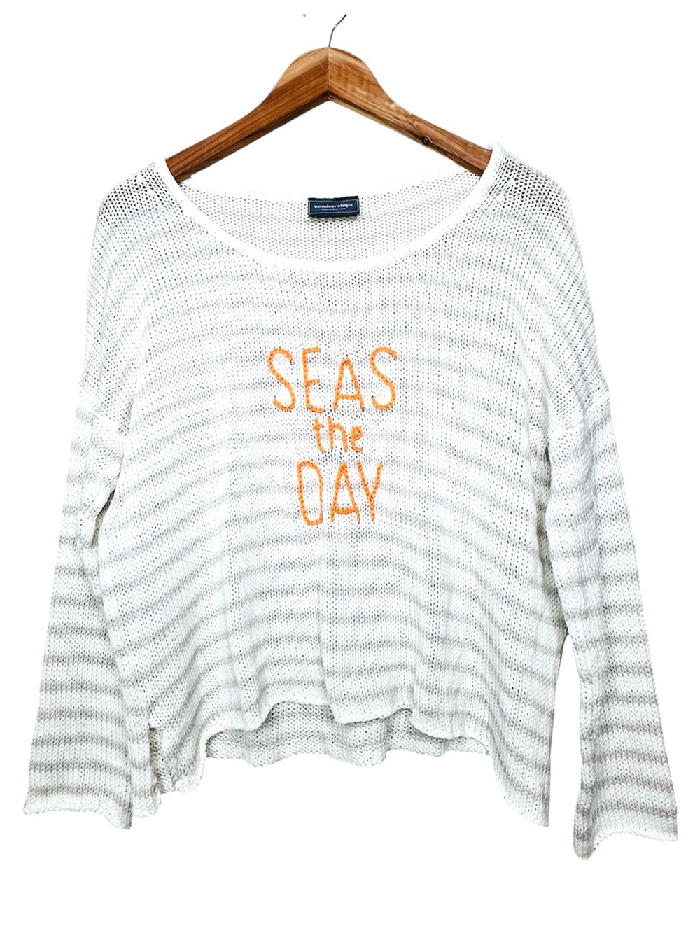Wooden Ships 'Seas the Day' Embroidered Open Knit Sweater Medium White Striped